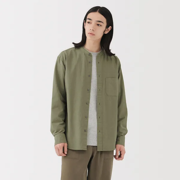 워싱 옥스포드 스탠드 칼라 긴소매 셔츠