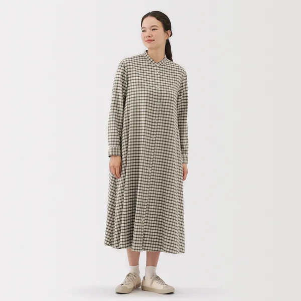 양면 기모 플란넬 스탠드 칼라 긴소매 원피스