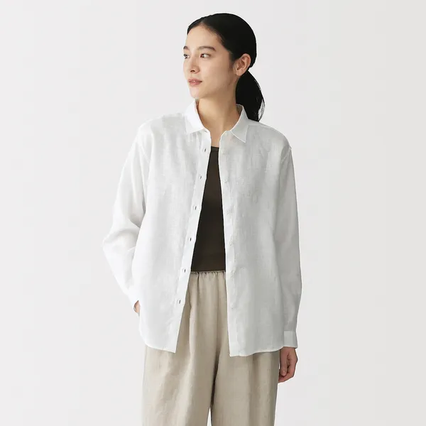 워싱 리넨 레귤러 칼라 긴소매 셔츠