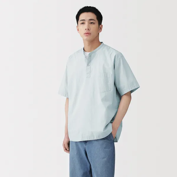 시원한 헨리넥 반소매 우븐 티셔츠