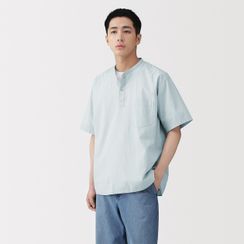 시원한 헨리넥 반소매 우븐 티셔츠