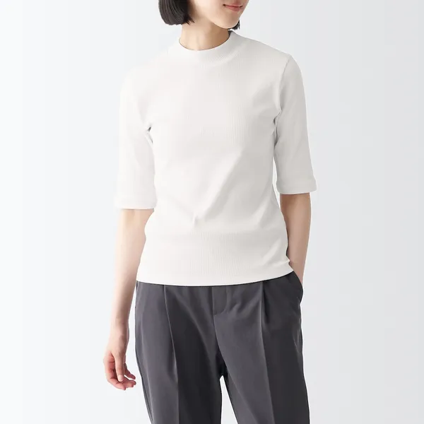 스트레치 리브 하이넥 5부소매 티셔츠