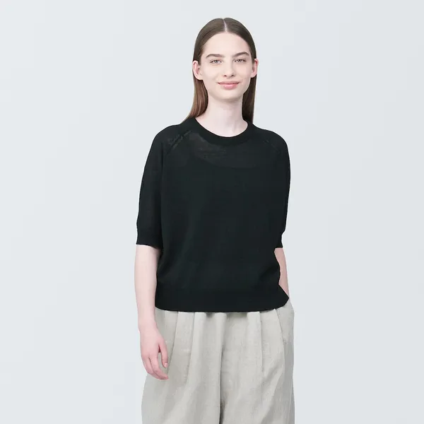 UV 컷 헴프 혼방 크루넥 5부소매 스웨터