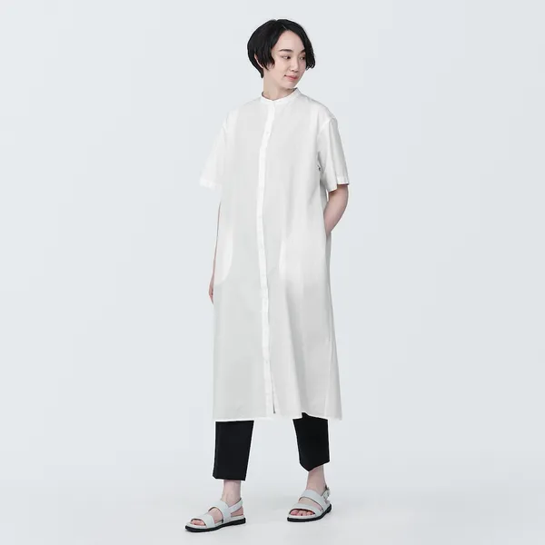 시원한 브로드 스탠드 칼라 반소매 원피스