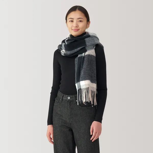 울 무릎 담요도 되는 와이드 스톨(체크 패턴)