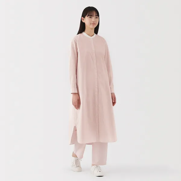 워싱 브로드 스탠드 칼라 긴소매 원피스