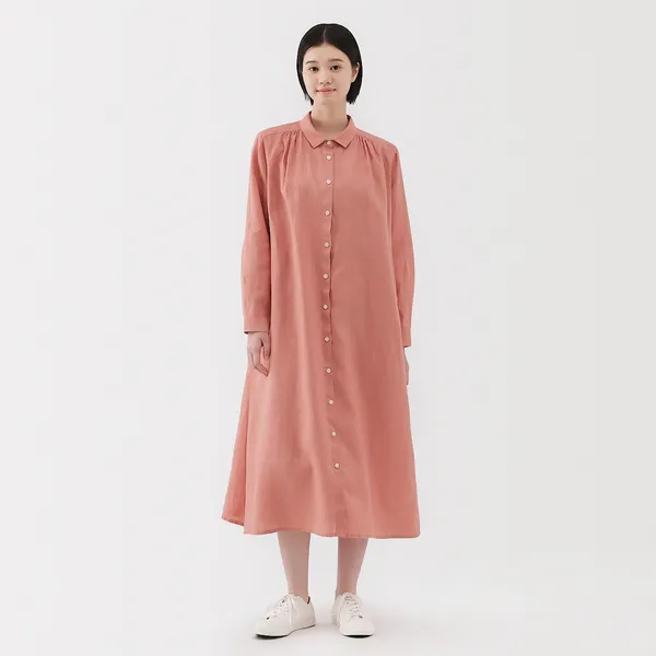 워싱 리넨 레귤러 칼라 긴소매 원피스