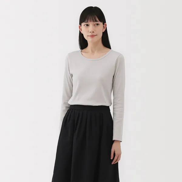 스트레치 리브 크루넥 긴소매 티셔츠