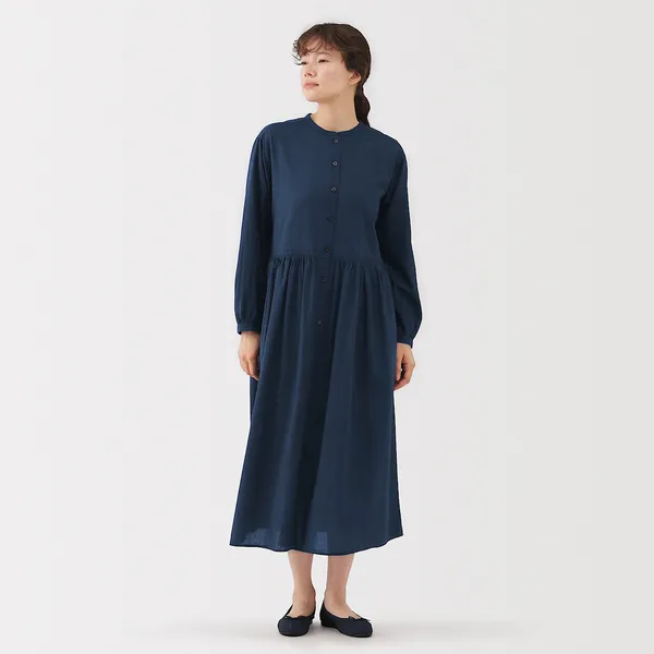 면 보일 인디고 긴소매 원피스