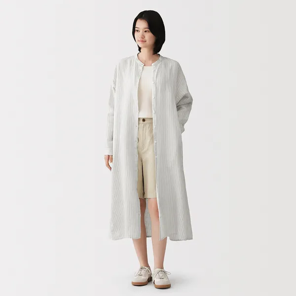 워싱 리넨 긴소매 셔츠 원피스