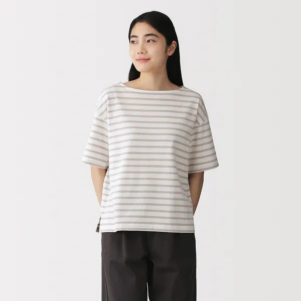 저지 보트넥 반소매 티셔츠