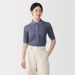 보드라운 리브 오픈워크 5부소매 폴로 가디건